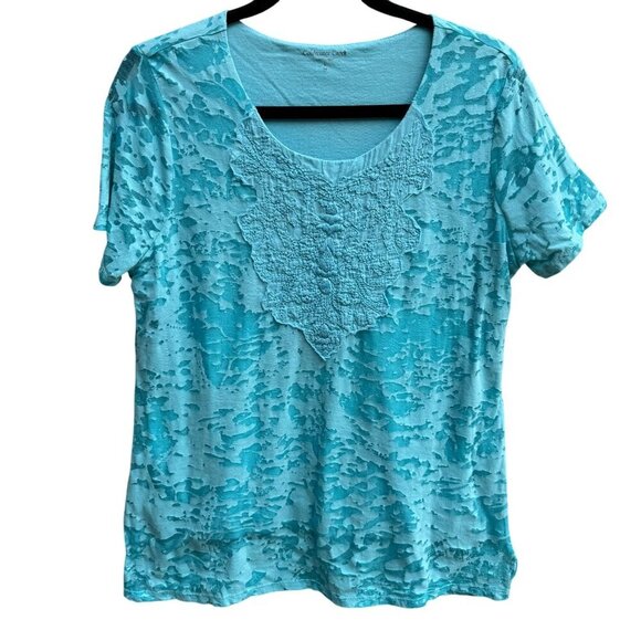 Coldwater Creek Womens Aqua Textured Burnout Sheer Overlay Short Sleeve Blouse L - Picture 1 of 11